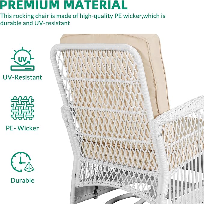 VIVIJASON 3-Piece Patio Conversation Bistro Set, Outdoor Swivel Glider Rocking Chairs Rattan Furniture Set w/ 2 Rattan Chairs, Glass Top Side Table for Porch Backyard, White - Beige