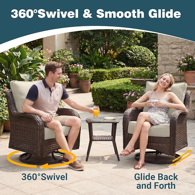 Patio Furniture Set, 5PCS Outdoor Wicker Conversation Set with 6" Thick Cushions, High Back Swivel Rocker Chairs, Weather Resistant Olefin Fabric for Garden, Poolside, Beige