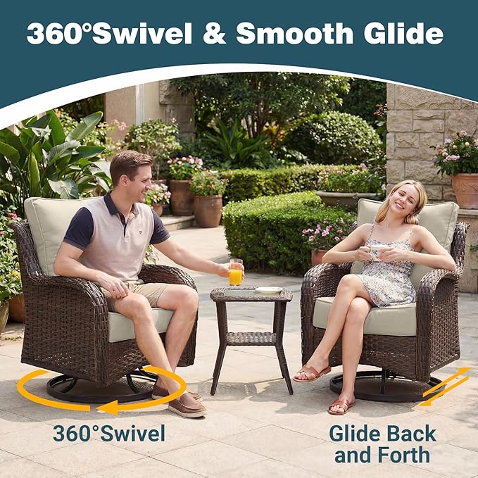 Patio Furniture Set, 8PCS Outdoor Wicker Conversation Set with 6" Thick Cushions, High Back Rattan Sofa & Swivel Rocker Chairs, Weather Resistant Olefin Fabric for Garden, Poolside, Beige