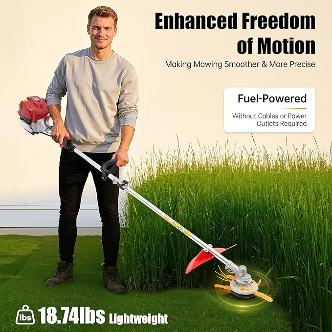 35.88cc Gas String Trimmer, 4-Stroke Weed Wacker with 2 Blade Heads & Shoulder Strap, Weed String Trimmer for Yards Lawn Garden Grass Trimming Wheat Corn Rice Cutting, Red