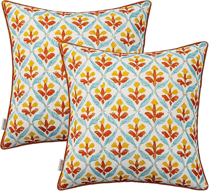 MIULEE Outdoor Floral Pillow Covers Waterproof 18x18 Orange Teal Red | Decorative Block Print,Boho Farmhouse, Set of 2 Coastal Summer Cushion Covers with Piping,Garden Patio Furniture Porch Couch