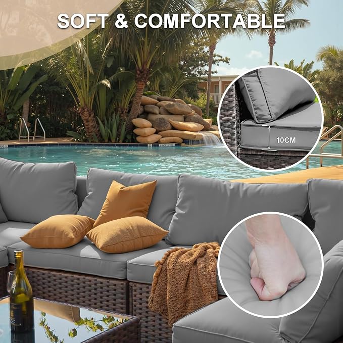 Patio Furniture Set, 15 Pieces Outdoor Sectional Patio Furniture Set with 42" Fire Pit Table, Rattan Wicker Sofa Set for Garden Backyard Deck Poolside, Grey