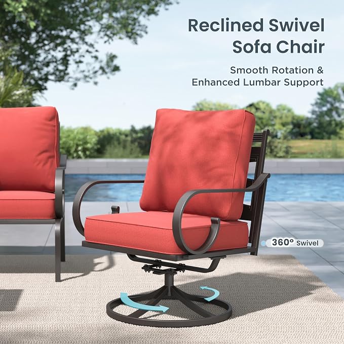 PHI VILLA Patio Furniture Set, 3-Seater Sofa, 4 Swivel Chairs and a Coffee Table, Outdoor Metal Conversation Set with 5.75" Extra Thick Cushion for Garden Backyard Deck, Red