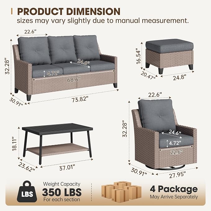 NestNook 6 Piece Patio Furniture Set, Outdoor Furniture Wicker Swivel Chairs Set of 2 with 3-Seater Sofa, 2 Ottomans and Coffee Table Patio Conversation Set for Backyard Balcony & Poolside（Dark Grey）