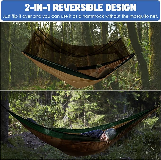 Gold Armour Camping Hammock - Camping Essentials, Double Hammock with Bug Net, Camping Gear Hammock for Outside, Hiking, and Travel (Khaki & Green)