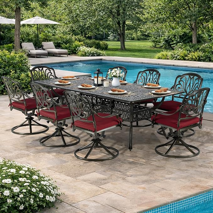 VIVIJASON 9-Piece Outdoor Dining Set, Cast Aluminum Retro Patio Furniture Table and Chairs Set for 8, Include 94.5" Rectangular Table and 8 Swivel Rocker Chairs with Umbrella Hole, Red Cushion