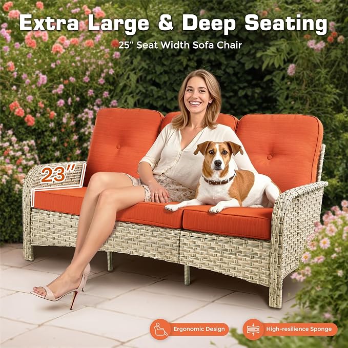 5-Piece Outdoor Patio Furniture Set,All Weather Wicker Rattan Patio Seating Sofa and Chair Set with Ottomans,Outdoor Conversation Sets with 3 Seater Couch for Porch Deck Yard,Red