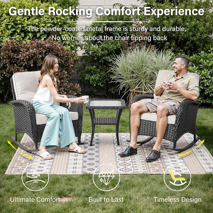 Belord Patio Rocking Chairs Wicker Set - Outdoor Rocking Chairs Set of 2 with Side Table, 3 Piece Patio Rocker Furniture Set with Water-Resistant Cushions for Porch Balcony Backyard Black