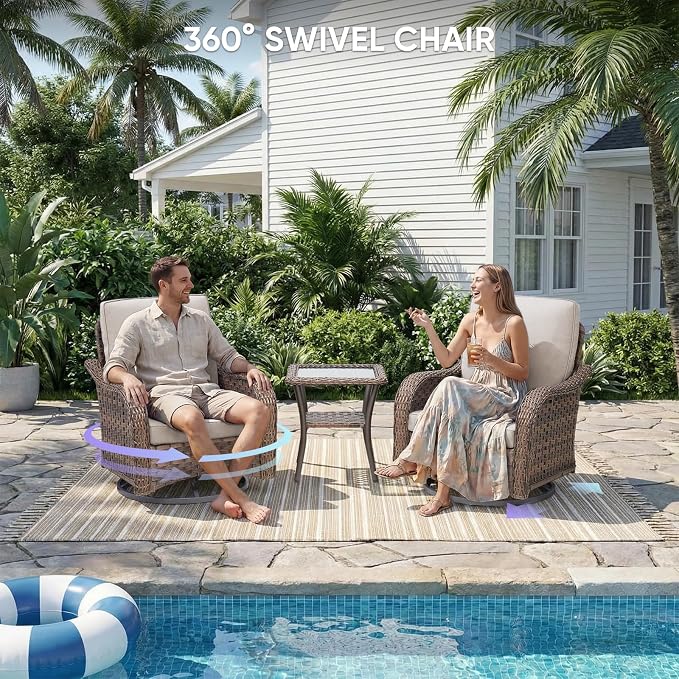 Patio Furniture Set - 6 Pieces All Weather Wicker Outdoor Furniture with 2 Swivel Chairs, 2 Ottomans 1 Sofa and Side Table, Ergonomic Design for Porch, Deck, Balcony, Garden, and Backyard(Beige)