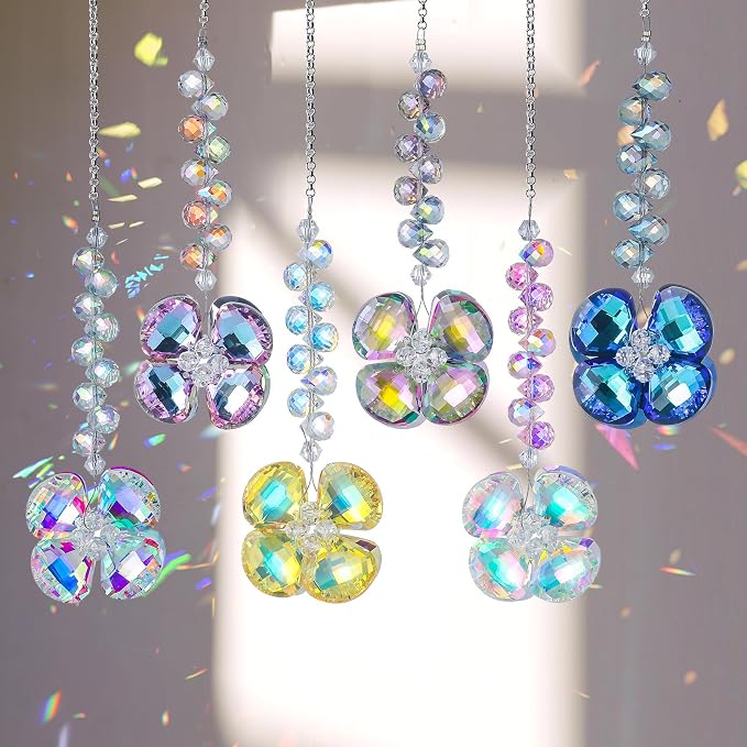 6pcs Crystal Suncatchers Four Leaf Clover Hanging Ornaments, Rainbow Maker Sun Catchers Indoor Window Outdoor Patio Garden Decor Gifts