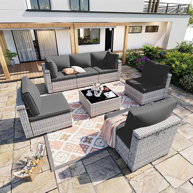 7-Piece Patio Furniture Set, Outdoor Sectional with Thick Cushions, Modular Patio Sofa, Dual-Strand Wicker Rattan, Rust-Resistant Frame, Backyard Furniture for Garden, Deck, Dark Black