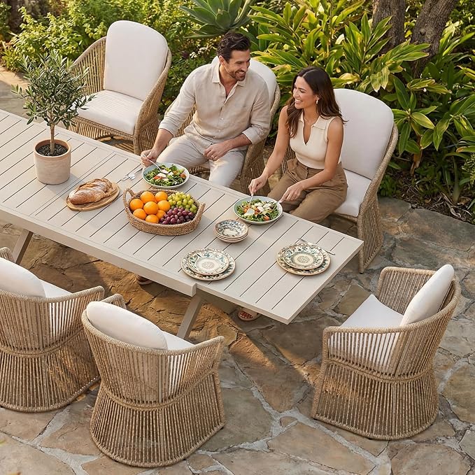 SUNSITT 7 Piece Outdoor Patio Dining Set, 65" - 107" Metal Expandable Outdoor Dining Table with X-Shape Legs, 6 Woven Wicker Outdoor Patio Chairs w/Curved Armrest for Garden, Beige