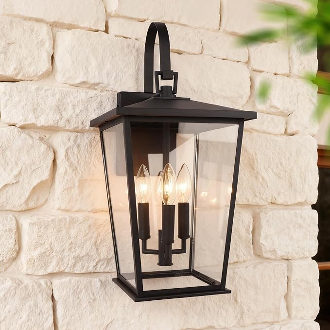 Modern Outdoor Wall Sconce Fixture 20 1/2", Matte Black, 3-Light Exterior Wall Mount Lighting with Clear Glass Panels for House Porch Patio Outside Deck Garage Yard Front Door Garden Home