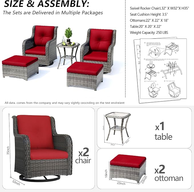 5 Piece Outdoor Patio Furniture Set Wicker Conversation Bistro Set Swivel Rocking Chairs with Side Table and Ottomans for Backyard, Porch, Deck(Mixed Grey/Red)