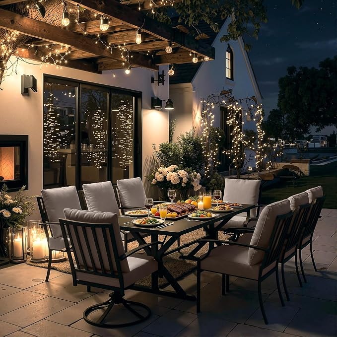 Kullavik 9 Pieces Outdoor Dining Set,Patio Dining Table and Chairs Set for 8,Fence Pattern Back Chairs with Thickened Cushions & X-Frame Metal Dining Table with Umbrella Hole for Patio,Sand