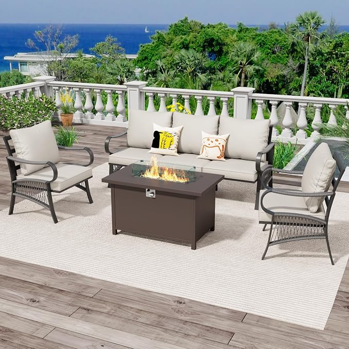 4 Piece Patio Furniture Set with 50000 BTU Propane Fire Pit Table, All Weather Metal Outdoor Conversation Sofa Set with Thick Cushions for Garden, Porch, Lawn, Beige