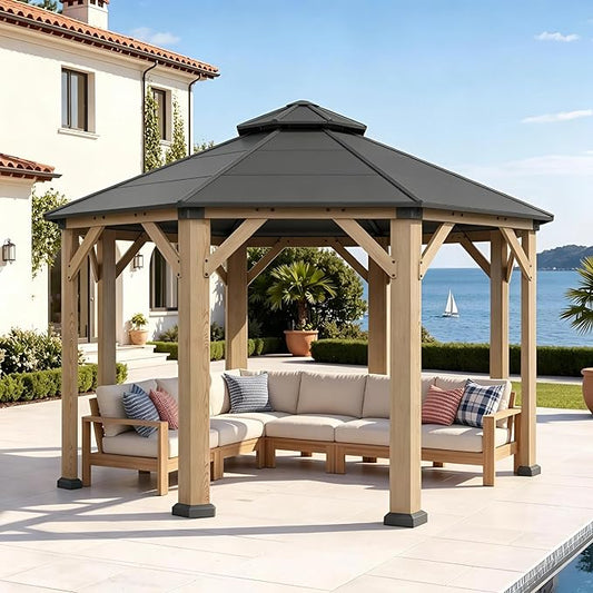 Aoxun 13' x 13' Outdoor Wood Gazebo, Hardtop Gazebo Permanent Wooden Pavilion with Galvanized Steel Double Roof, for Backyard, Garden, Poolside, Cedar Wood, Natural