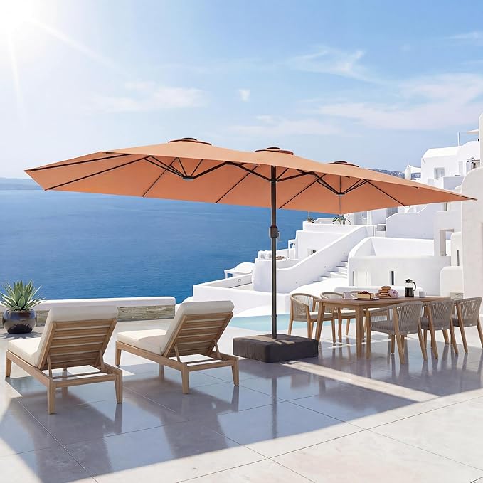 EO Living 13ft Large Patio Umbrella with Solar Lights, Double-Sided Rectangle Outdoor Umbrella with Base Included, 24 LED Lights Table Umbrella for Poolside Deck Market (Beige)