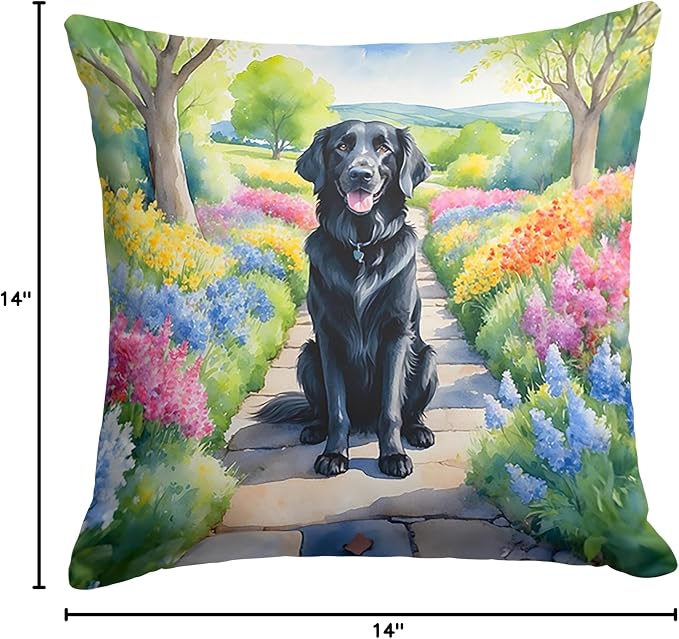 Caroline's Treasures Flat-Coated Retriever Spring Path Throw Pillow Machine Washable, Indoor Outdoor Decorative Pillow for Couch, Bed or Patio, 14Hx14W