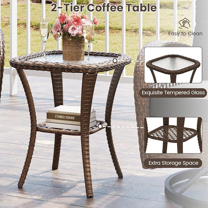 HAPPYGRILL 3 Pieces Outdoor Rattan Swivel Rocker Chairs Set with Tempered Glass Side Table, Outside Sectional Patio Conversation Furniture Set with Swivel Rocking Chairs for Deck Porch Garden (Black)