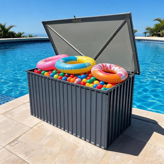 Garvee Outdoor Storage Box, 115 Gallon Waterproof Metal Storage Box, Outdoor Deck Boxes, UV Resistant Patio Storage Box with Lockable Lid for Patio Furniture Cushions, Pillows, Garden Tools, Blank