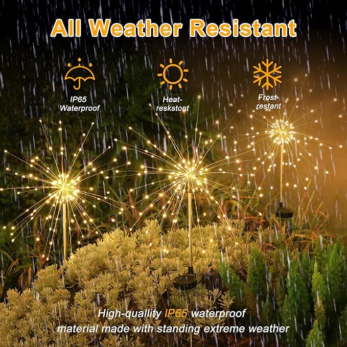Solar Garden Firework Lights Outdoor Waterproof, 4 Pack Solar Lighting with 8 Lighting Modes, 120 LED Sparklers String Lights for Outside Decor Yard Pathway Decorations(Warm)