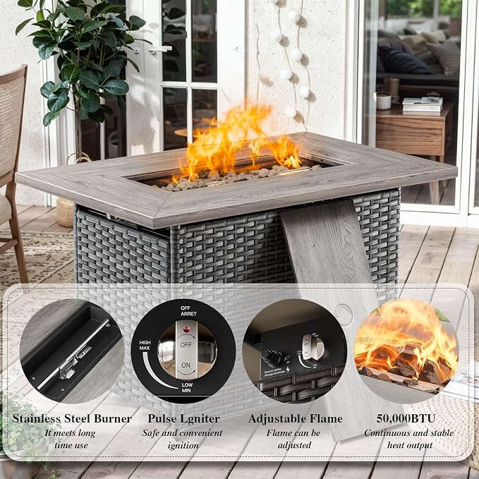 Luxury High Back Outdoor Furniture 6-Inch Thick Cushions with 50,000 BTU Gas Propane Fire Pit Tablet, Patio Furniture Set with Swivel Chairs, for Porch, Balcony, Deck and Yard