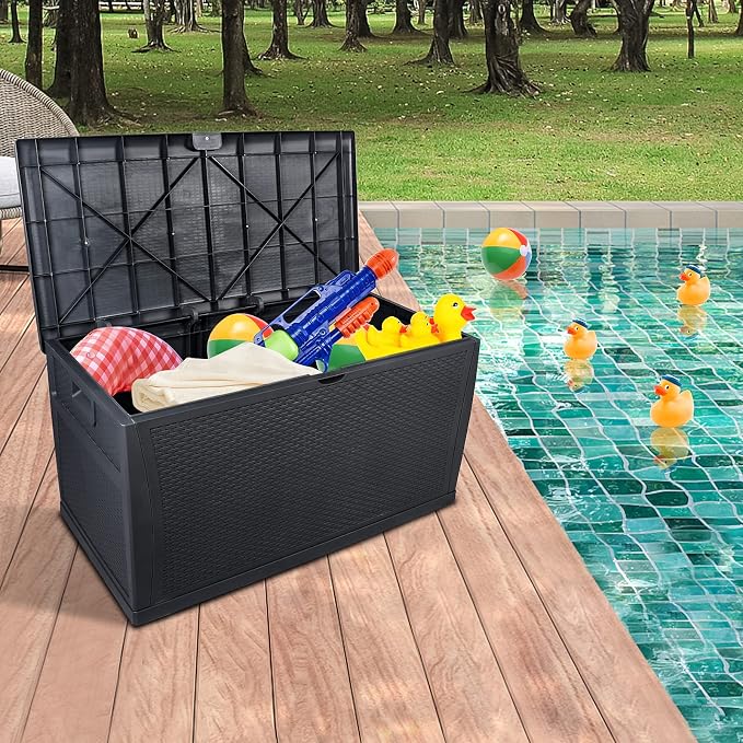 Spaco 113gal120gal Outdoor Garden Plastic Storage Deck Box Outdoor Patio Garden Furniture Lockable Seat Waterproof for Indoor, Outdoor, Garden, Courtyard (Black, 120gal)