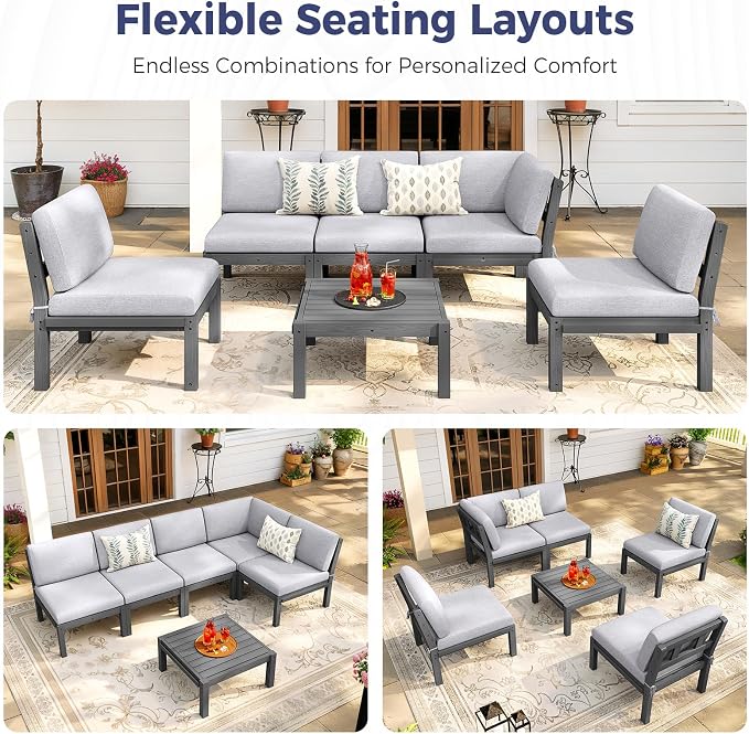 Modular Outdoor Patio Conversation Set, 6-Piece L-Shaped Sectional Sofa Set with Coffee Tables & Thick Cushions, Easy Side Interlock, HIPS All-Weather Patio Furniture Set for Backyard, Deck, Poolside