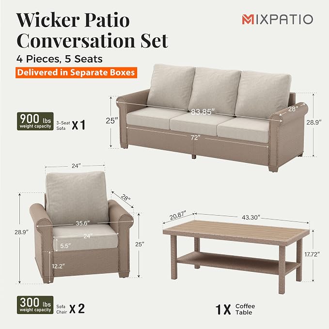 MIXPATIO Patio Furniture Set 4 pcs, Wicker Outdoor Patio Furniture, 3-Seat Sofa, 2 Single Chairs and Coffee Table, Rattan Patio Conversation Set for Backyard Deck, Beige