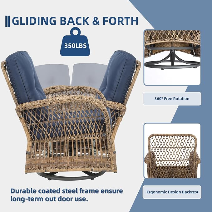 7-Piece Wicker Patio Furniture Sets Outdoor All-Weather Rattan Conversation Set Includes Glider Loveseat, 2 Glass-Top Coffee Tables, 2 Swivel-Rocker Chairs for Porch Backyard, Navy Blue