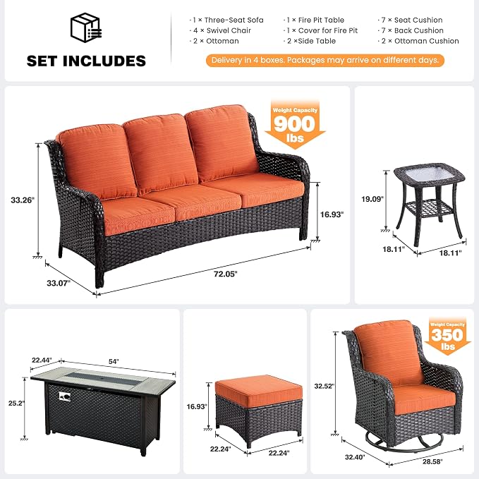 ovios 10-Piece Patio Furniture Set with Swivel Chairs Side Table, Outdoor Wicker Sofa with 54" Fire Pit Table, High Back Couch Modern Conversation Sets, Brown/Orange Red