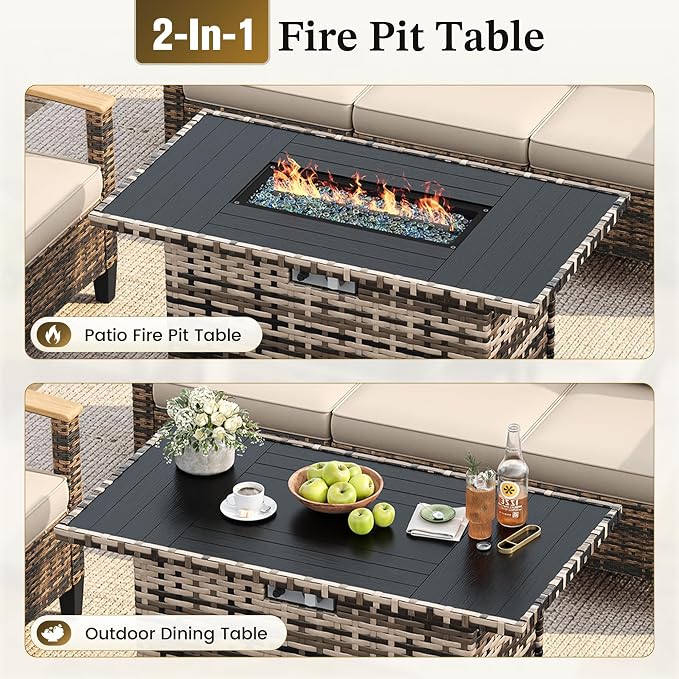 UDPATIO Patio Furniture Set with Fire Pit Table, 6 Pieces Outdoor Wicker Conversation Set for Lawn, Porch, Garden, Backyard, Khaki