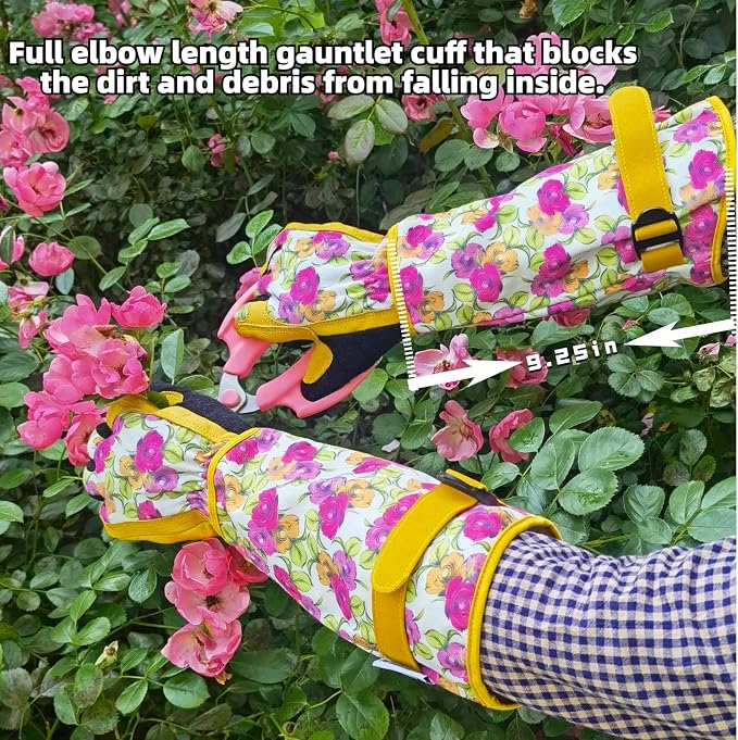 Thornproof Rose&Cactus Gardening Gloves,Gauntlet Garden Glove,Gifts | Canvas,Cute Floral Pattern,Leather Palm,Touchscreen,Durable Material,Garden Gift,Men&Women,Machine Washable,Adjustable Cuff