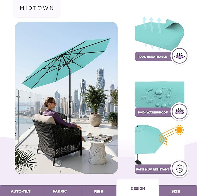 Midtown Umbrellas – The Swilt 9 Ft Patio Umbrella with 360° Swivel & Tilt Mechanism, Sunbrella Fabric & 8 Fiberglass Ribs – Outdoor Umbrella for Deck, Pool & Cafes – Aruba Canopy, Black Pole