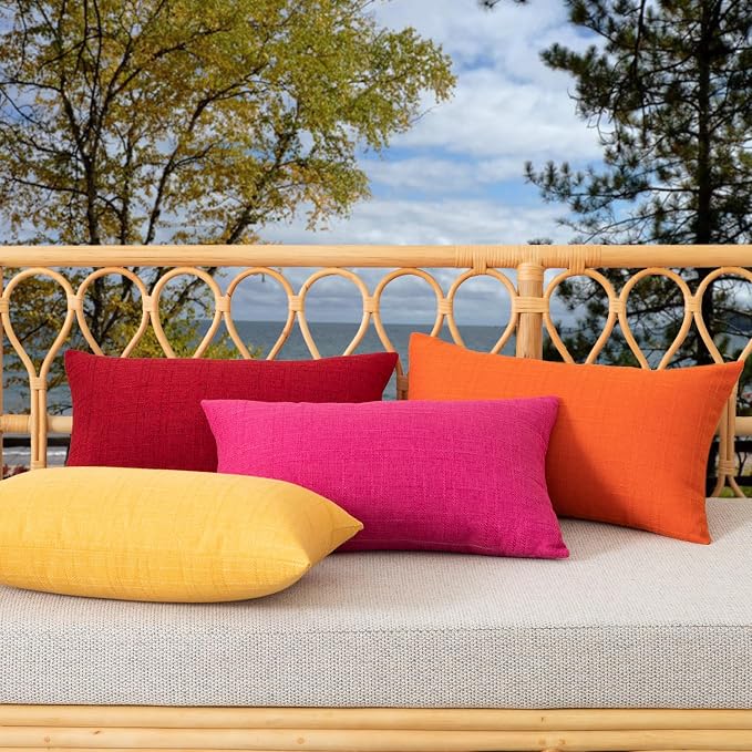 Kevin Textile Outdoor Waterproof 12”x20” Pillow Covers 2 Pack, Hot Pink | Water Resistant, Soft Faux Linen-cotton Yarn-dyed Woven Texture Throw Pillow Covers for Tent Patio Garden Couch Sofa