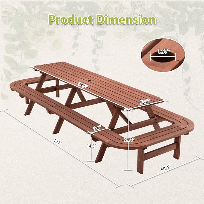 121'' Large Outdoor Dining Table, Rectangular Wooden Patio Dining Table & 2 Built-in Bench for 16, 2" Umbrella Hole, Suitable for Backyard Garden Porch, Brown