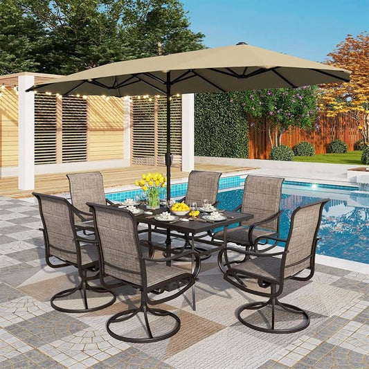 PHI VILLA 8 Piece Outdoor Dining Set with 13ft Patio Umbrella (Beige), 6 Patio Padded Swivel Dining Chairs & 1 Large Metal Dining Table for Lawn Garden Backyard (No Umbrella Base)