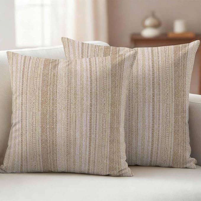 Abstract Beige Outdoor Pillow Covers Set of 2 Rustic Farmhouse Minimalist Beige Vertical Striped Lines Waterproof Throw Pillow Cover Decorative Cushion Cases for Patio Porch Garden 20X20 Inch