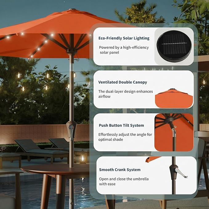 9FT Solar Umbrella 32 LED Lighted Patio Umbrella Table Market Umbrella w/Tilt and Crank, UV-Resistant Outdoor Umbrella for Pool, Garden, Deck, Terracotta