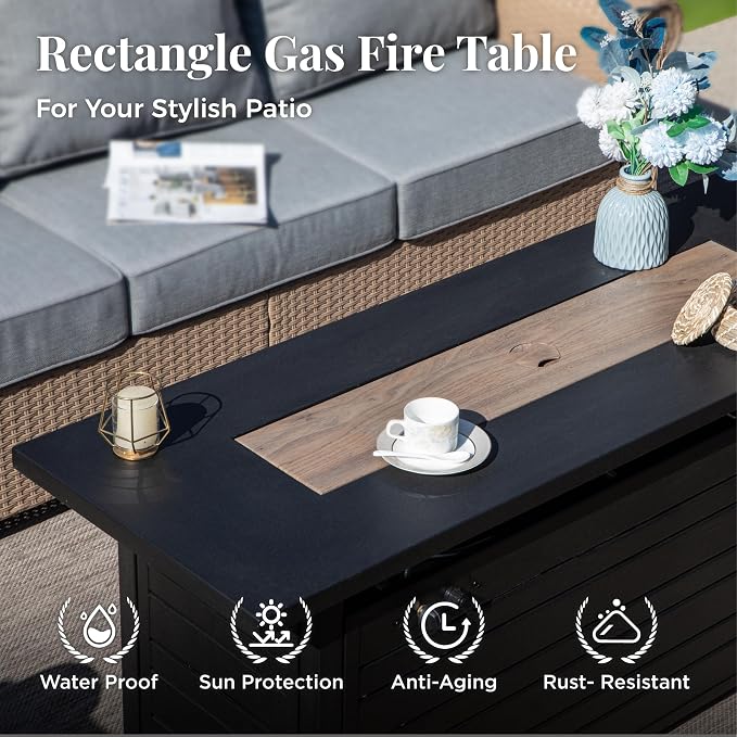 MIXPATIO Patio Furniture Set 6 pcs, Wicker Outdoor Patio Furniture, 3-Seat Sofa, 4 Single Chairs and 56" Gas Fire Pit Table, Rattan Patio Conversation Set for Backyard Deck, Grey