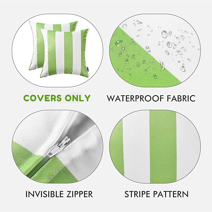 Pack of 2 Decorative Outdoor Waterproof Striped Throw Pillow Covers 20x20 | Green, Solid, Polyester Linen Garden Farmhouse Cushion Cases for Couch Sofa Patio Tent Balcony