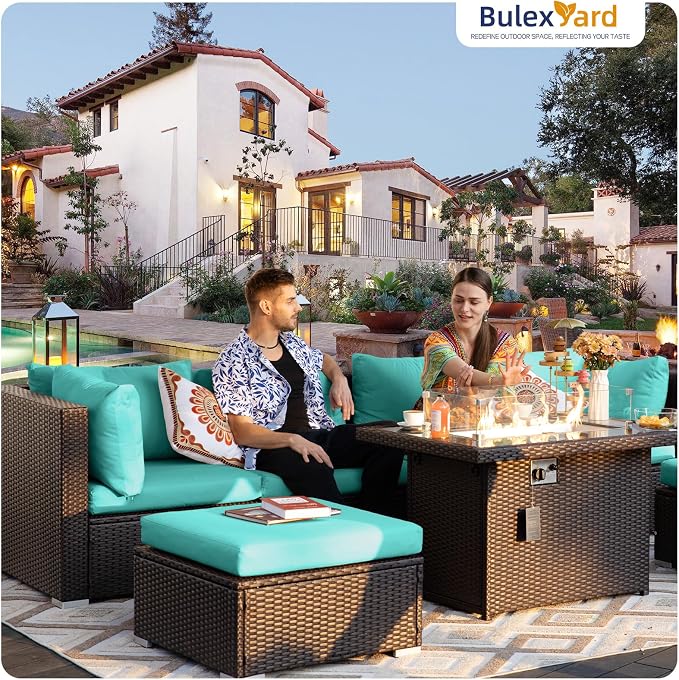 BULEXYARD 7-Piece Outdoor Patio Furniture Set with Propane/Natural Gas Fire Pit Table, High-Back Large Size Outside Sectional Couch Sofa, Comfy Wide Deep Seats for Yard, Brown Rattan & Teal Cushion