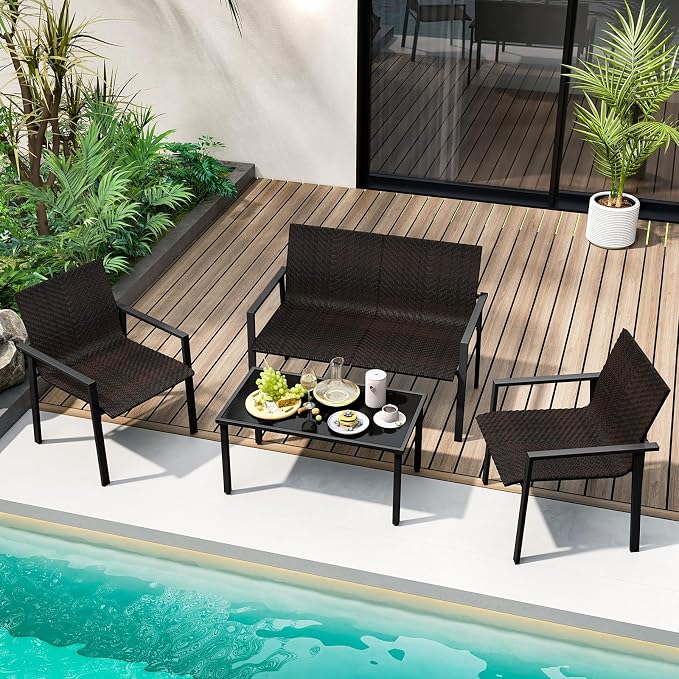 HAPPYGRILL 4 Pieces Outdoor Patio Wicker Furniture Set, Conversation Set with Coffee Table, PE Rattan Chairs with Galvanized Metal Frame for Small Space, Balcony, Poolside, Backyard (Mix Brown)