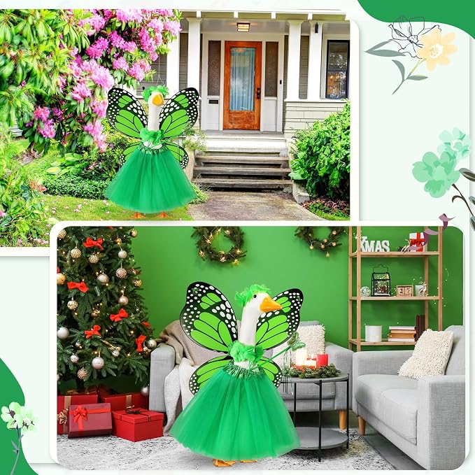 5pcs Butterfly Porch Goose Outfit Costume Tutu Skirt Butterfly Wing Wand Flower Crown for 17‘' 23‘' Cement Goose