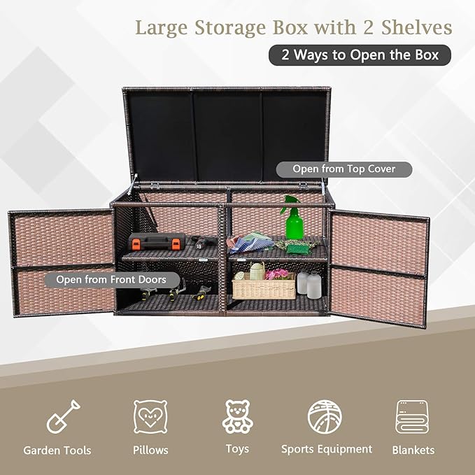 Tangkula 73 Gallon Outdoor Wicker Storage Box, Garden Deck Bin with Steel Frame, Rattan Storage Box with Lid, Ideal for Storing Tools, Accessories