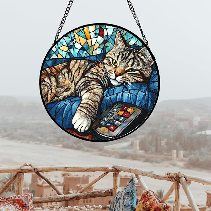 DASTOLL Stained Glass Window Hanging Gray Cat and Remote Control Large 15" - Suncatcher Door Garden Kitchen Sun Catcher Home Decor Birthday for Lost Pets Mom Men Woman Friend Grandma