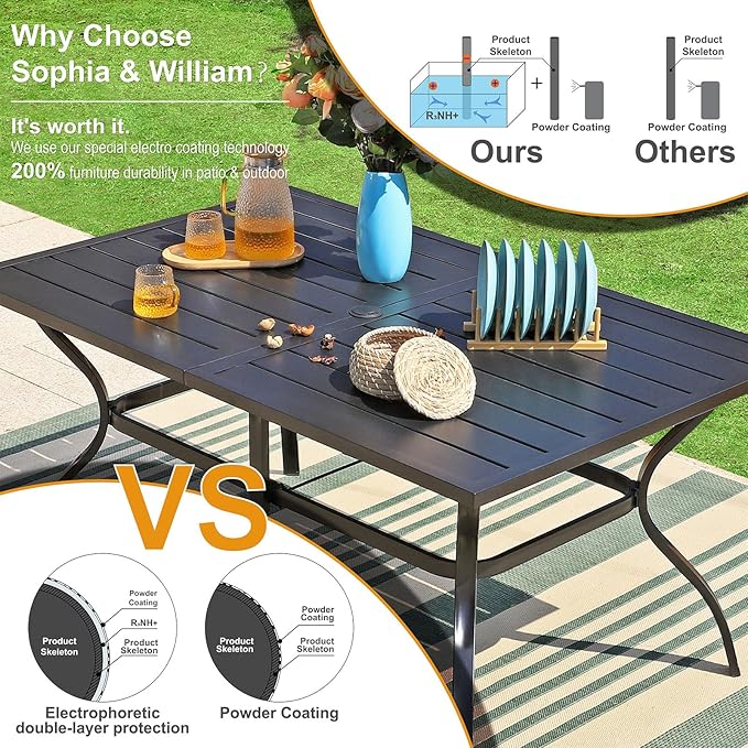 Sophia & William 7 Pieces Patio Dining Set, Rectangular Outdoor Table and Rattan Chairs, All Weather Outdoor Dining Set for 6, Patio Table and Chairs Set with 1.6" -2" Adjustable Umbrella Hole