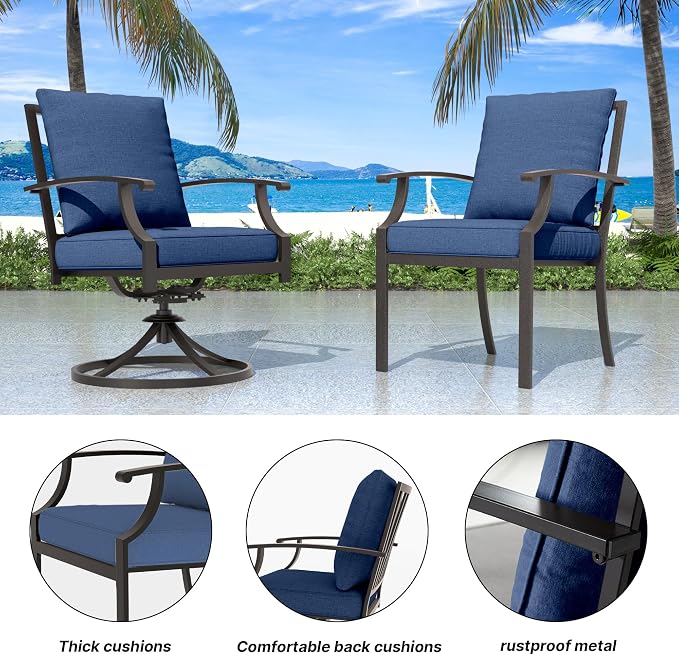 7 Pieces Outdoor Patio Furniture Set with 48" 55000 BTU Round Propane Fire Pit Table,Patio Dining Set Outdoor Conversation Sets 6 Swivel Chairs for Deck,Backyard and Garden,Dark Blue