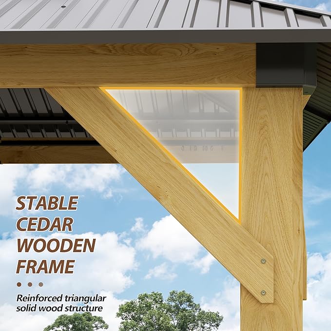 10' x 12' Wood Gazebo,Outdoor Cedar Wood Hardtop Gazebo with Galvanized Steel Doule Roof, Wooden Frame Gazebo with Netting and Curtains for Patio Backyard Deck